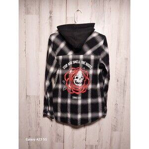 Lurking Class Sketchy Tank Woman's Flannel Hooded Embroidered Shirt Size Medium